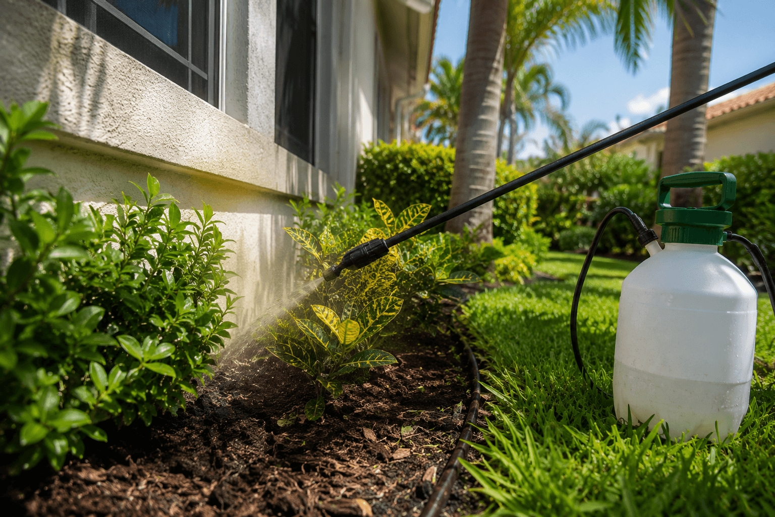 Pest control technician spraying tropical foliage (pest-control)